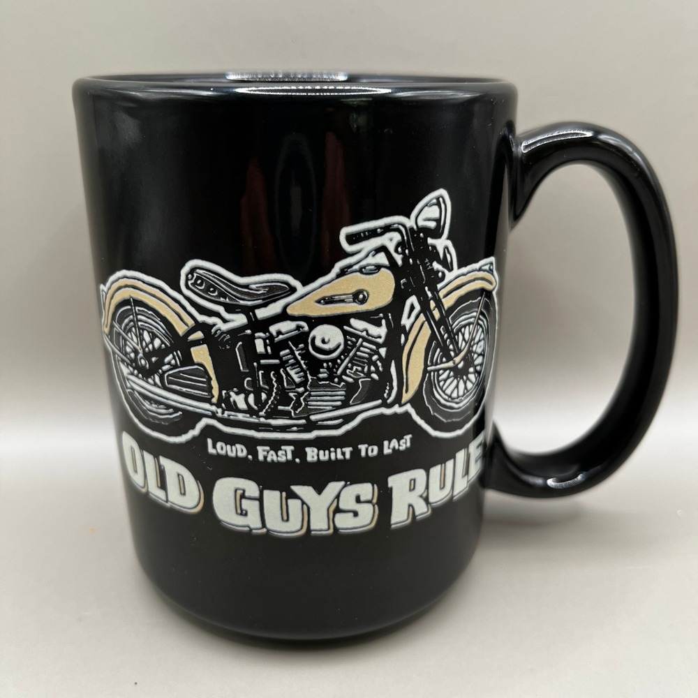 Old Guys Rule Pan Head Motorcycle Ceramic Coffee Mug 15 Oz Black New in Box - Picture 5 of 10